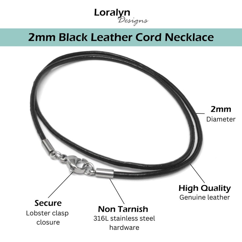 Loralyn Designs Black Leather Necklace (2mm) with Stainless Steel Clasps (30 Inch) - Image 2